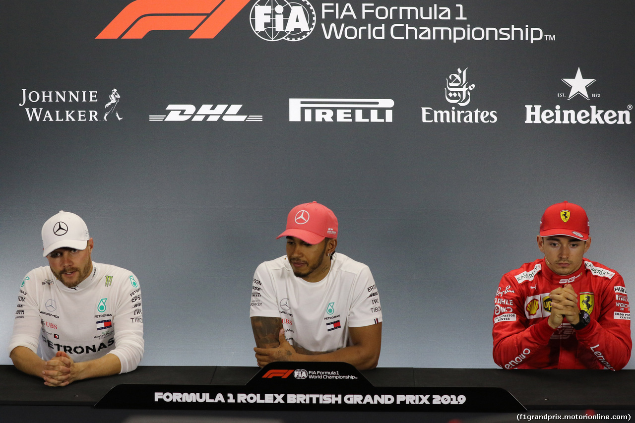 GP GRAN BRETAGNA, 14.07.2019- Official Fia press conference,  L to R Valtteri Bottas (FIN) Mercedes AMG F1 W10 EQ Power, Lewis Hamilton (GBR) Mercedes AMG F1 W10 EQ Power Charles Leclerc (MON) Ferrari SF90