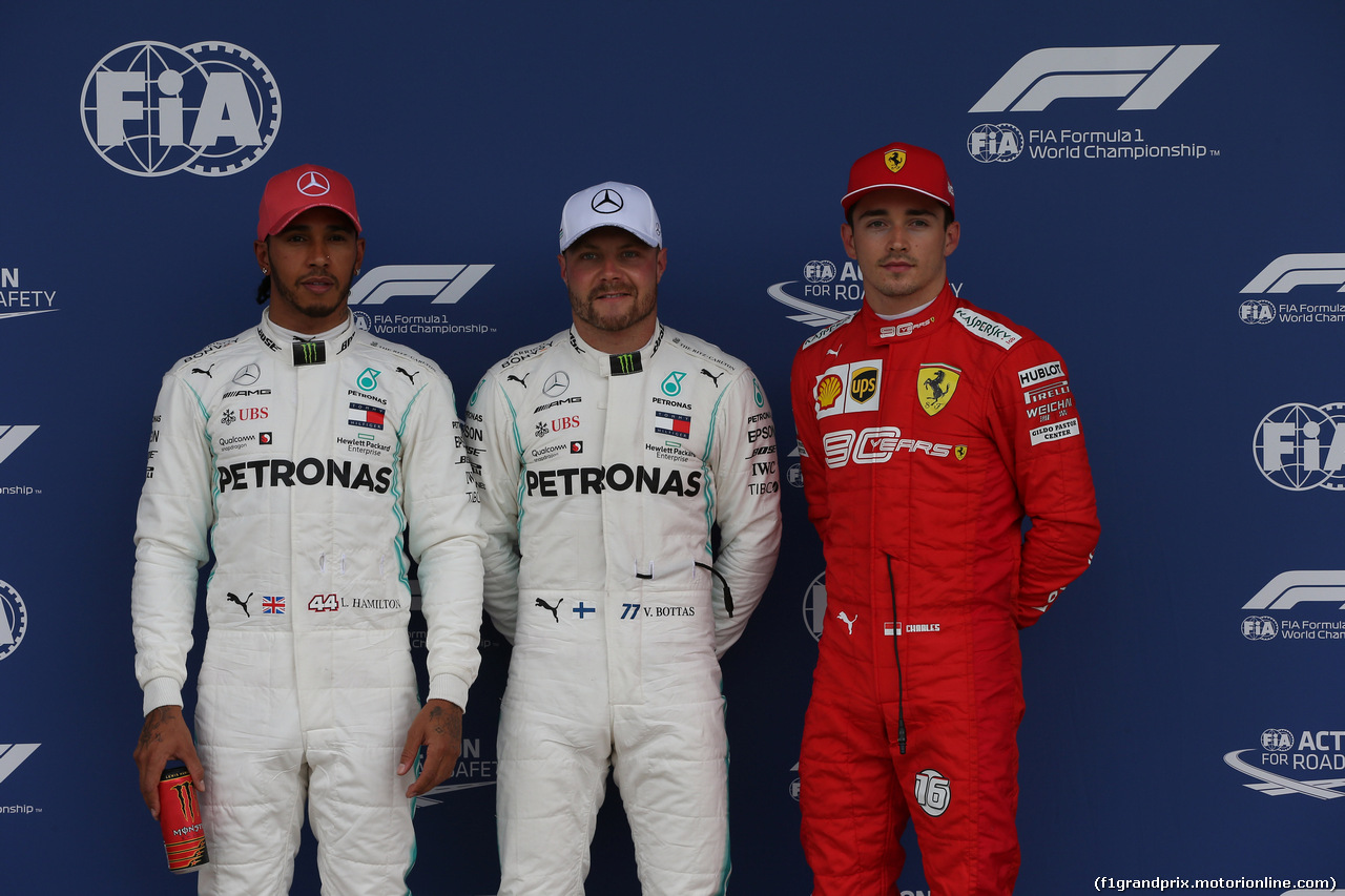 GP GRAN BRETAGNA, 13.07.2019- Qualifiche Festeggiamenti in parc fermee, Pole Position Valtteri Bottas (FIN) Mercedes AMG F1 W10 EQ Power, 2nd place Lewis Hamilton (GBR) Mercedes AMG F1 W10 EQ Power, 3rd place Charles Leclerc (MON) Ferrari SF90