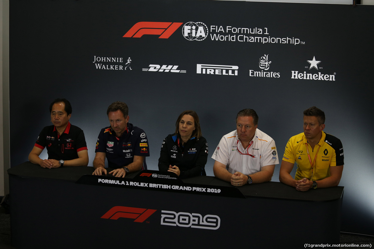 GP GRAN BRETAGNA, 12.07.2019- Venerdi' Official Fia press conference, L to R Toyoharu Tanabe (JPN) Honda Racing F1 Technical Director; Christian Horner (GBR) Red Bull Racing Team Principal; Claire Williams (GBR) Williams Racing Deputy Team Principal; Zak Brown (USA) McLaren Executive Director; Marcin Budkowski (POL) Renault F1 Team Executive Directo