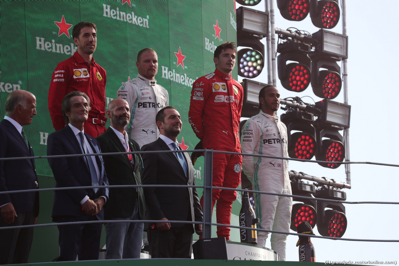 GP ITALIA, 08.09.2019 - Gara, 1st place Charles Leclerc (MON) Ferrari SF90, 2nd place Valtteri Bottas (FIN) Mercedes AMG F1 W010 e 3rd place Lewis Hamilton (GBR) Mercedes AMG F1 W10