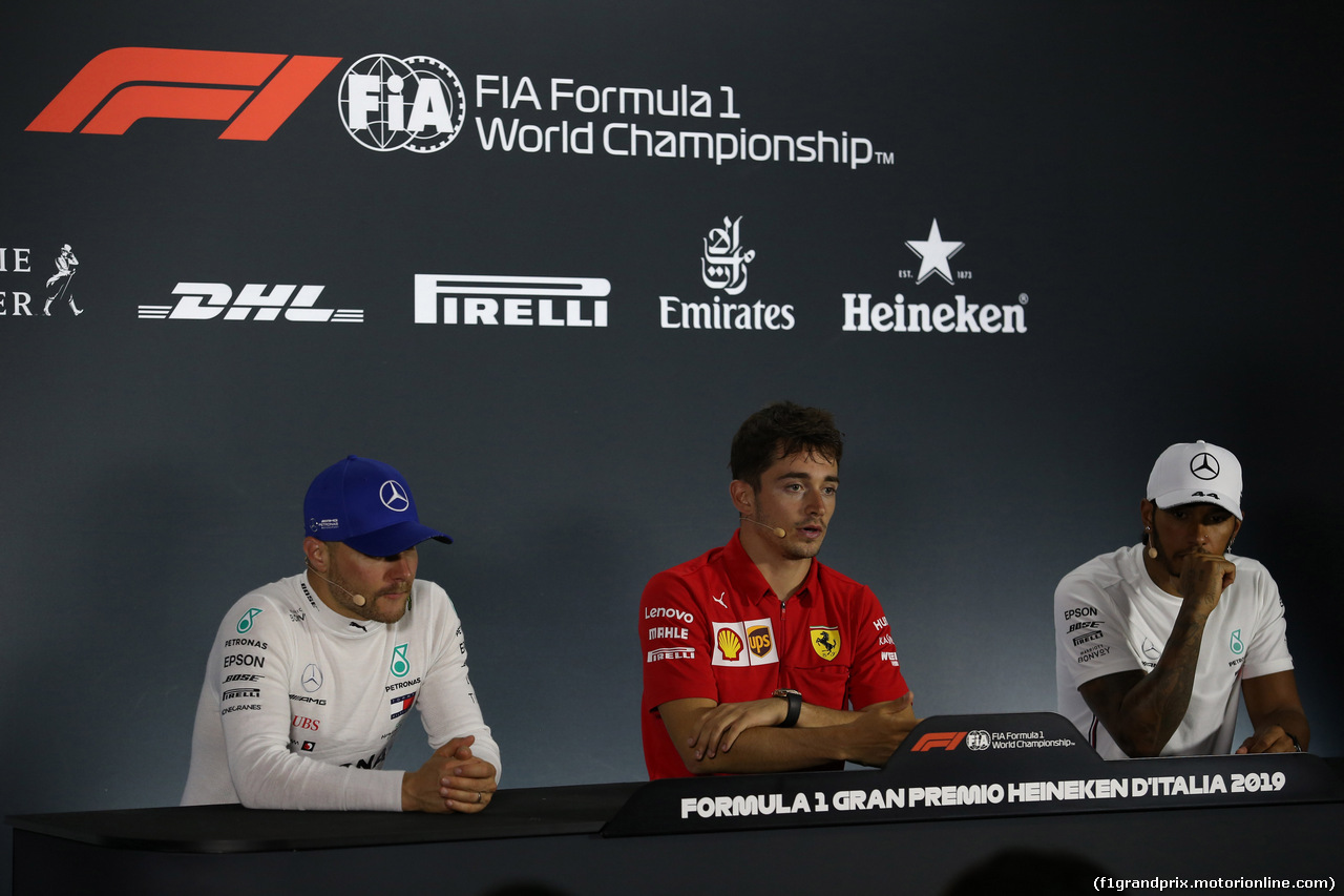 GP ITALIA, 08.09.2019 - Gara, Conferenza Stampa, Valtteri Bottas (FIN) Mercedes AMG F1 W010, Charles Leclerc (MON) Ferrari SF90 e Lewis Hamilton (GBR) Mercedes AMG F1 W10