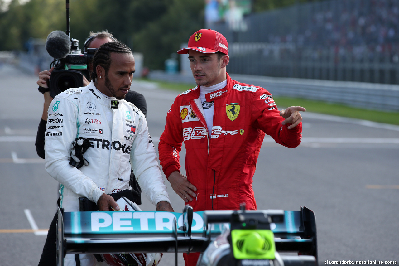 GP ITALIA, 07.09.2019 - Qualifiche, Lewis Hamilton (GBR) Mercedes AMG F1 W10 e Charles Leclerc (MON) Ferrari SF90 pole position