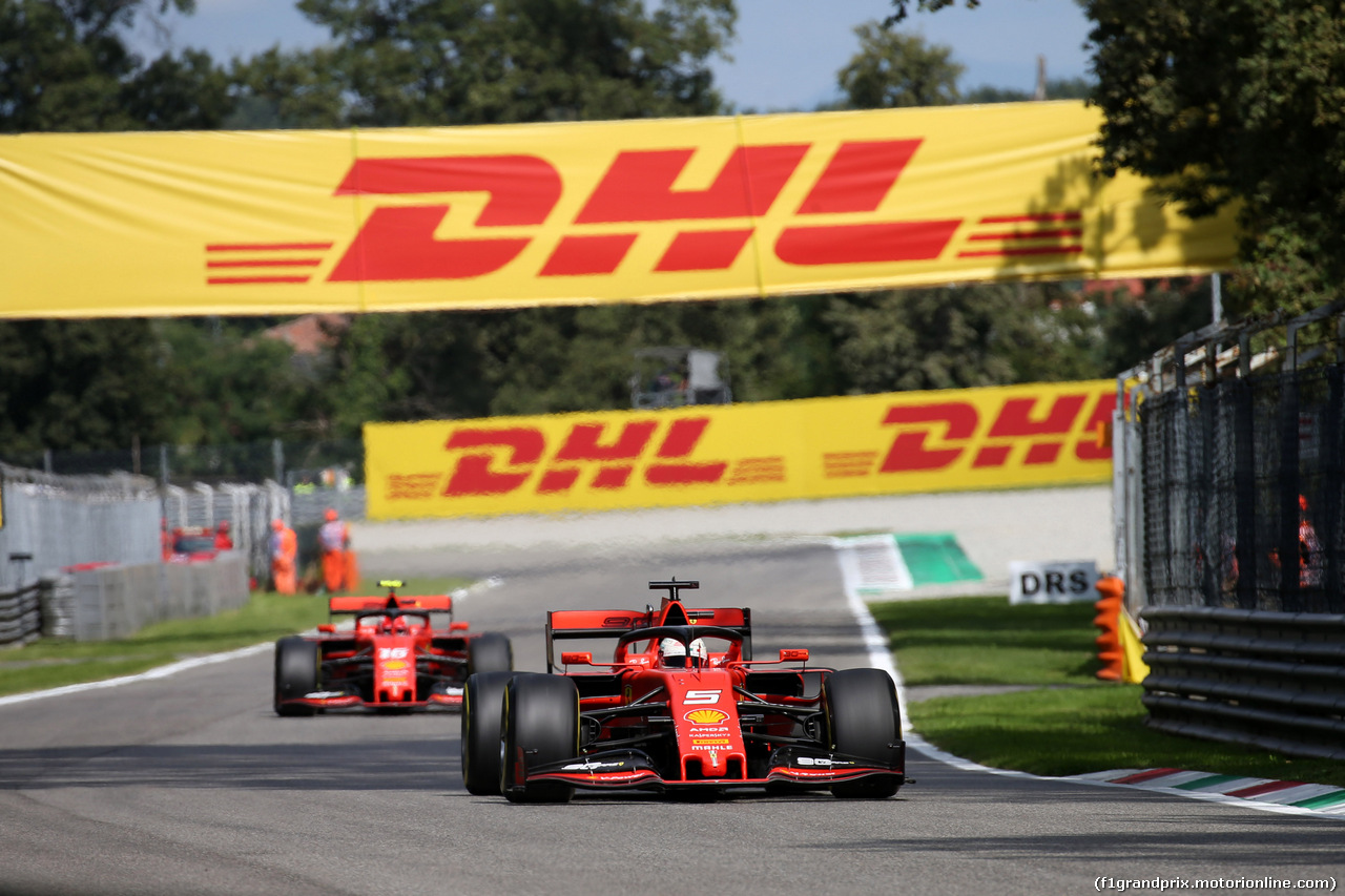 GP ITALIA, 07.09.2019 - Qualifiche, Sebastian Vettel (GER) Ferrari SF90 davanti a Charles Leclerc (MON) Ferrari SF90