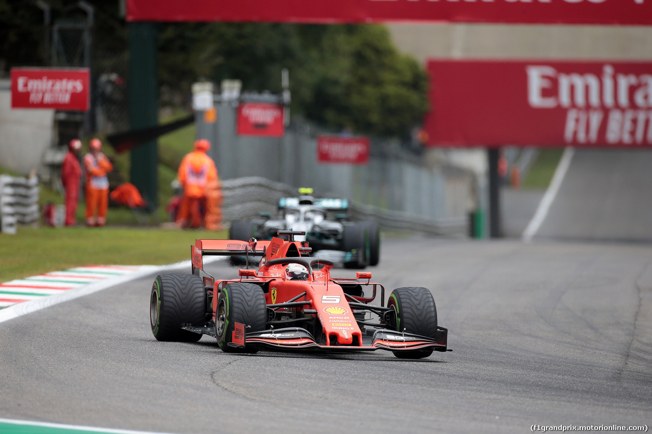 GP ITALIA, 06.09.2019 - Prove Libere 1, Sebastian Vettel (GER) Ferrari SF90 e Valtteri Bottas (FIN) Mercedes AMG F1 W010