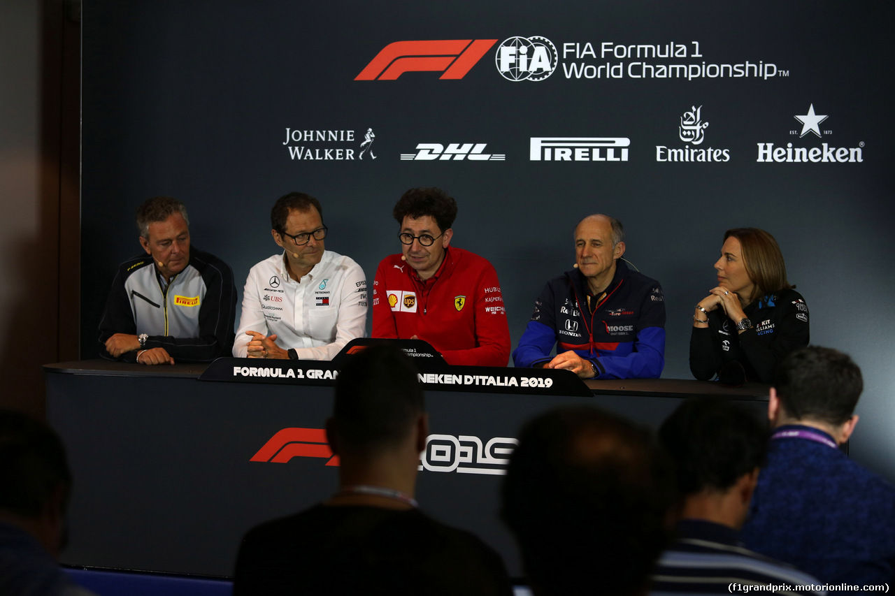 GP ITALIA, 06.09.2019 - Conferenza Stampa, Mario Isola (ITA), Pirelli Racing Manager, Aldo Costa (ITA) Mercedes AMG F1 Engineering Director, Mattia Binotto (ITA) Ferrari Team Principal, Franz Tost, Scuderia Toro Rosso, Team Principal e Claire Williams (GBR) Williams Deputy Team Principal.