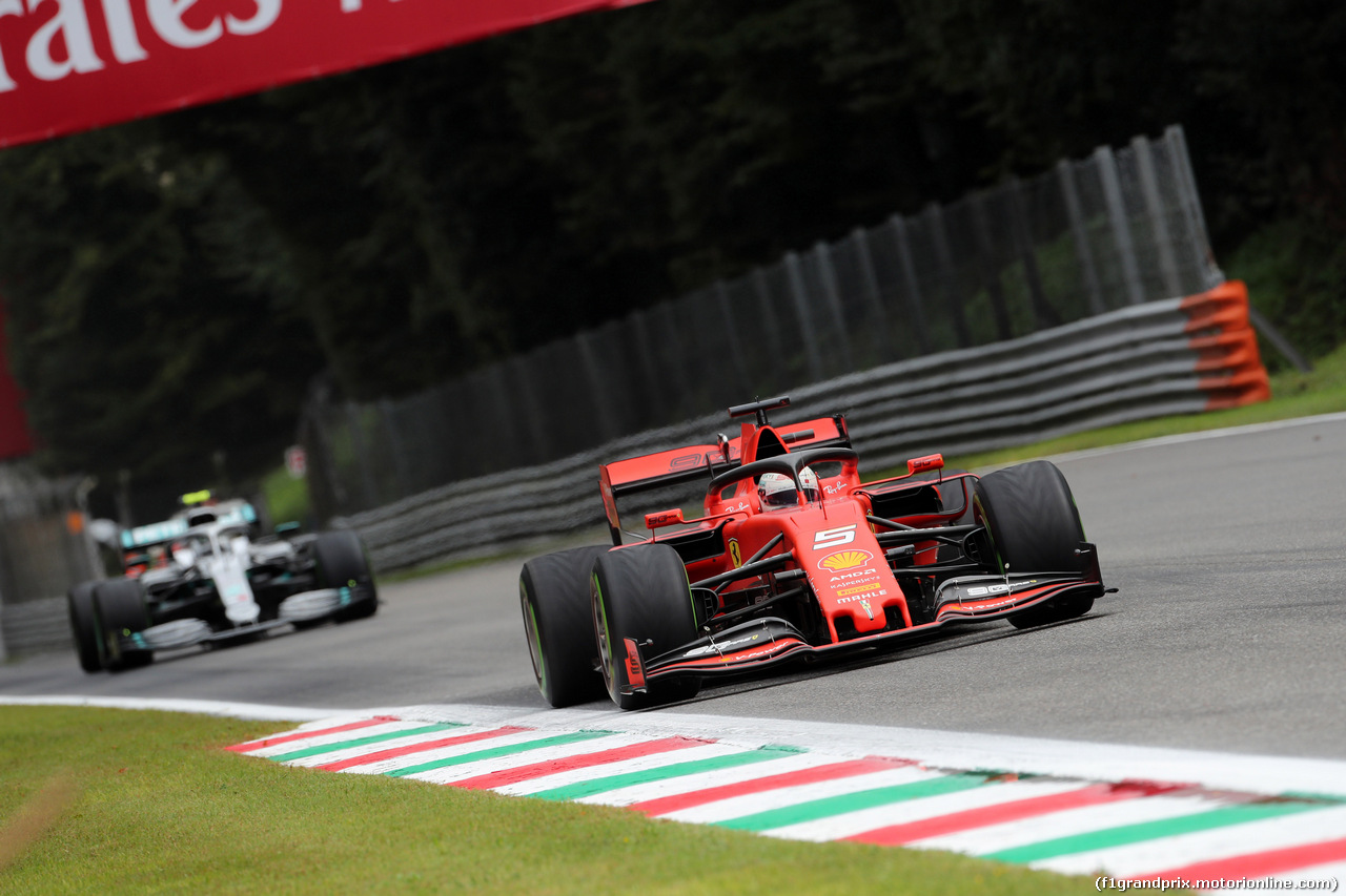 GP ITALIA, 06.09.2019 - Prove Libere 1, Sebastian Vettel (GER) Ferrari SF90 e Valtteri Bottas (FIN) Mercedes AMG F1 W010