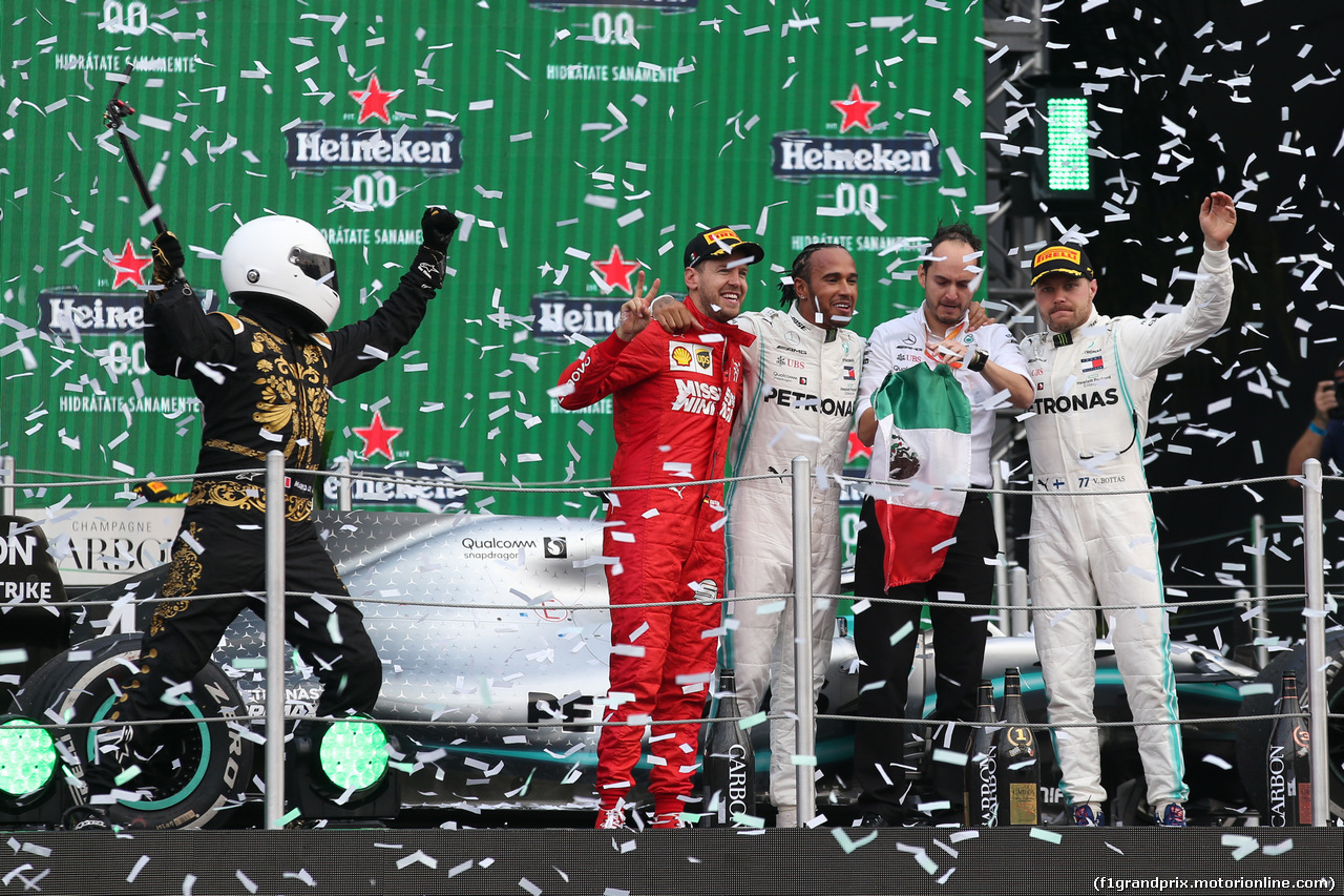 GP MESSICO, 1st place Lewis Hamilton (GBR) Mercedes AMG F1 W10 2nd Sebastian Vettel (GER) Ferrari SF90 e 3rd place Valtteri Bottas (FIN) Mercedes AMG F1 W10.
27.10.2019.