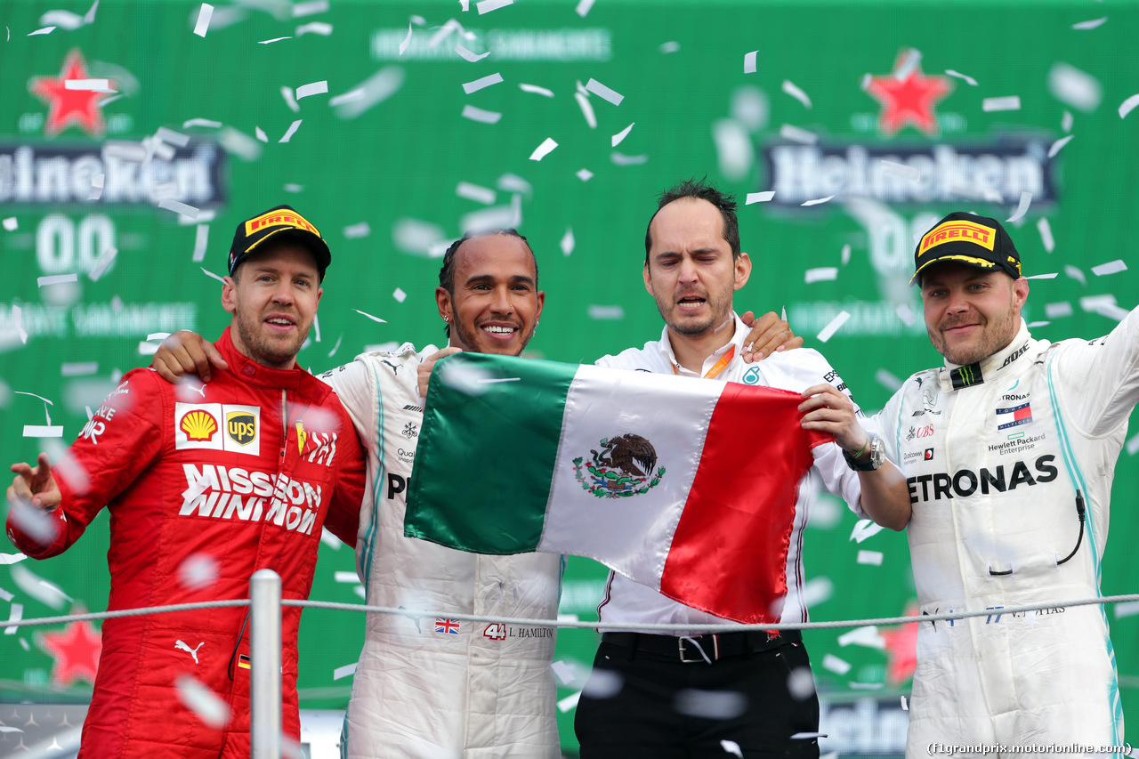 GP MESSICO, 1st place Lewis Hamilton (GBR) Mercedes AMG F1 W10, 2nd place Sebastian Vettel (GER) Ferrari SF90 e 3rd place Valtteri Bottas (FIN) Mercedes AMG F1 W10.
27.10.2019.