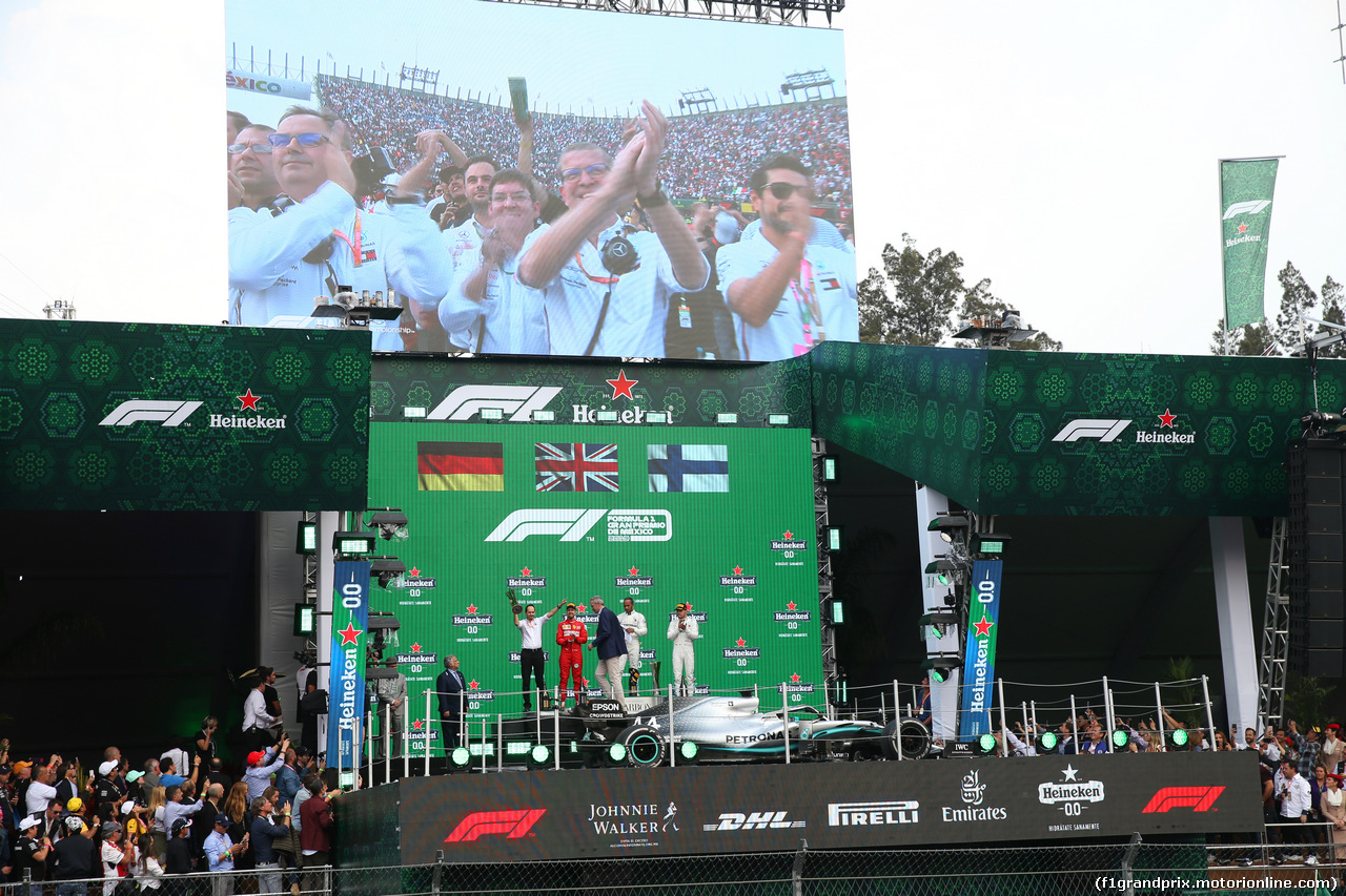 GP MESSICO, 1st place Lewis Hamilton (GBR) Mercedes AMG F1 W10 with 2nd place Sebastian Vettel (GER) Ferrari SF90 e 3rd place Valtteri Bottas (FIN) Mercedes AMG F1 W10.
27.10.2019.
