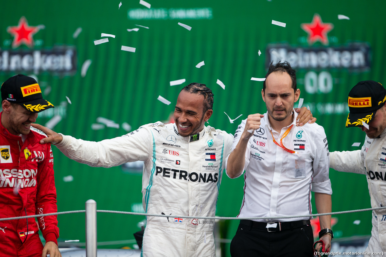 GP MESSICO, 1st place Lewis Hamilton (GBR) Mercedes AMG F1 W10, with Sebastian Vettel (GER) Ferrari SF90 e Valtteri Bottas (FIN) Mercedes AMG F1 W10. 27.10.2019.