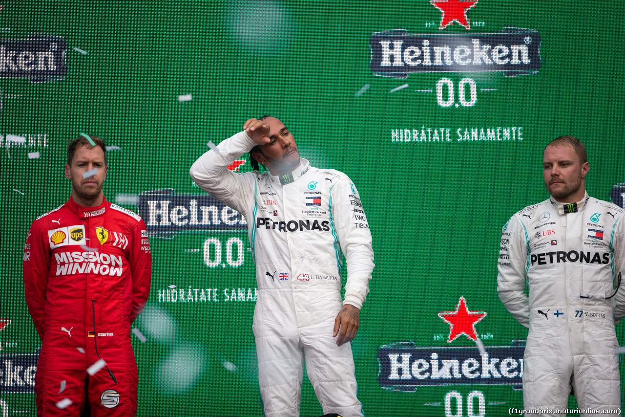GP MESSICO, 1st place Lewis Hamilton (GBR) Mercedes AMG F1 W10, with Sebastian Vettel (GER) Ferrari SF90 e Valtteri Bottas (FIN) Mercedes AMG F1 W10. 27.10.2019.