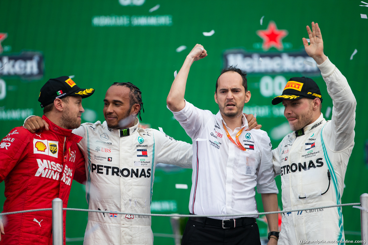 GP MESSICO, 1st place Lewis Hamilton (GBR) Mercedes AMG F1 W10, with Sebastian Vettel (GER) Ferrari SF90 e Valtteri Bottas (FIN) Mercedes AMG F1 W10. 27.10.2019.