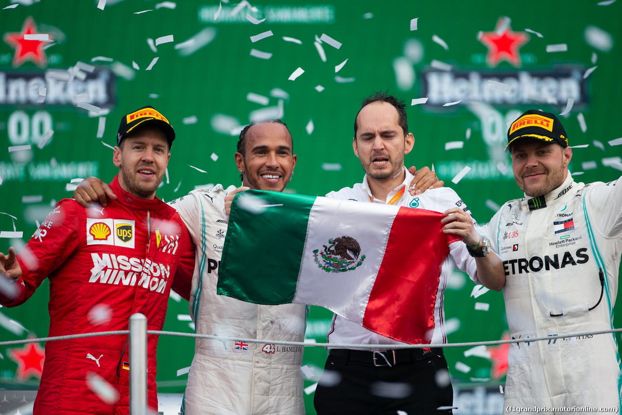 GP MESSICO, 1st place Lewis Hamilton (GBR) Mercedes AMG F1 W10, with Sebastian Vettel (GER) Ferrari SF90 e Valtteri Bottas (FIN) Mercedes AMG F1 W10. 27.10.2019.