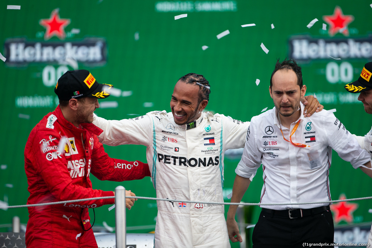 GP MESSICO, 1st place Lewis Hamilton (GBR) Mercedes AMG F1 W10, with Sebastian Vettel (GER) Ferrari SF90 e Valtteri Bottas (FIN) Mercedes AMG F1 W10. 27.10.2019.
