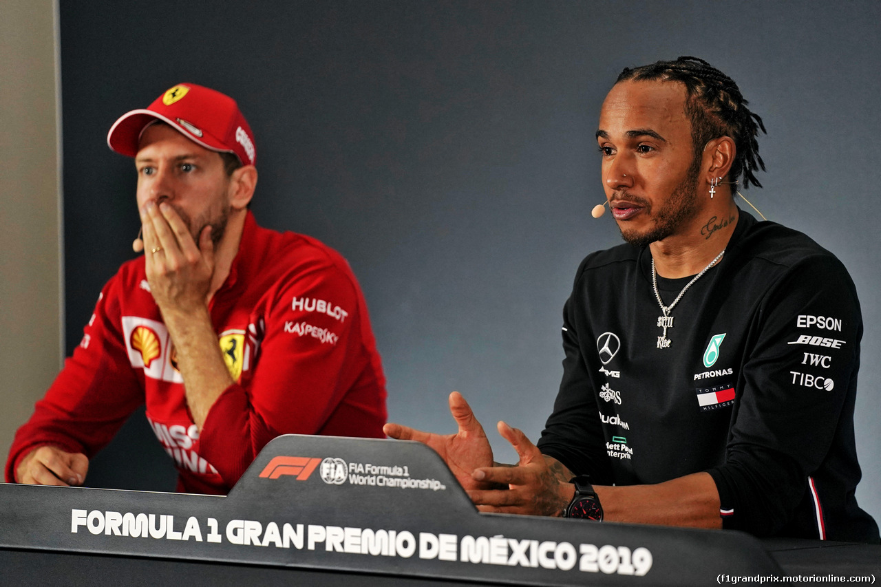 GP MESSICO, (L to R): Sebastian Vettel (GER) Ferrari e Lewis Hamilton (GBR) Mercedes AMG F1 in the post race FIA Press Conference.                               
27.10.2019.