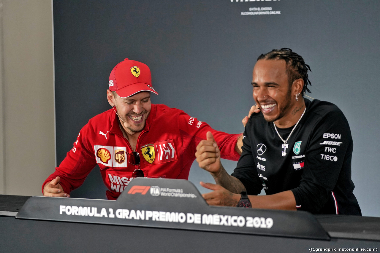 GP MESSICO, (L to R): Sebastian Vettel (GER) Ferrari e Lewis Hamilton (GBR) Mercedes AMG F1 in the post race FIA Press Conference.                               
27.10.2019.