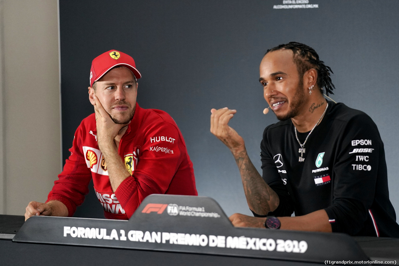 GP MESSICO, (L to R): Sebastian Vettel (GER) Ferrari e Lewis Hamilton (GBR) Mercedes AMG F1 in the post race FIA Press Conference.                               
27.10.2019.