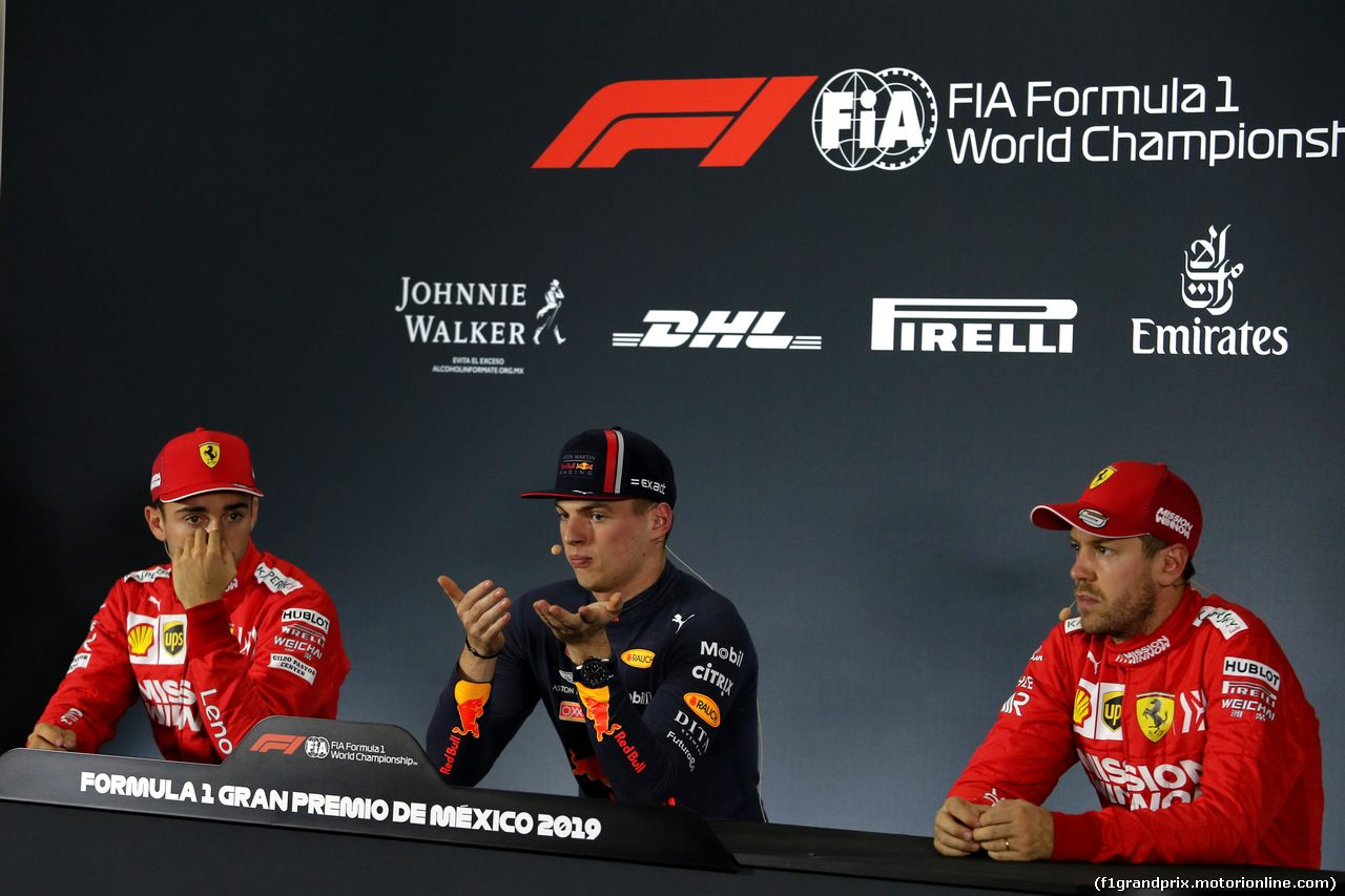 GP MESSICO, Qualifiche top three in the FIA Press Conference (L to R): Sebastian Vettel (GER) Ferrari, second; Max Verstappen (NLD) Red Bull Racing, pole position; Charles Leclerc (MON) Ferrari, third.
26.10.2019.