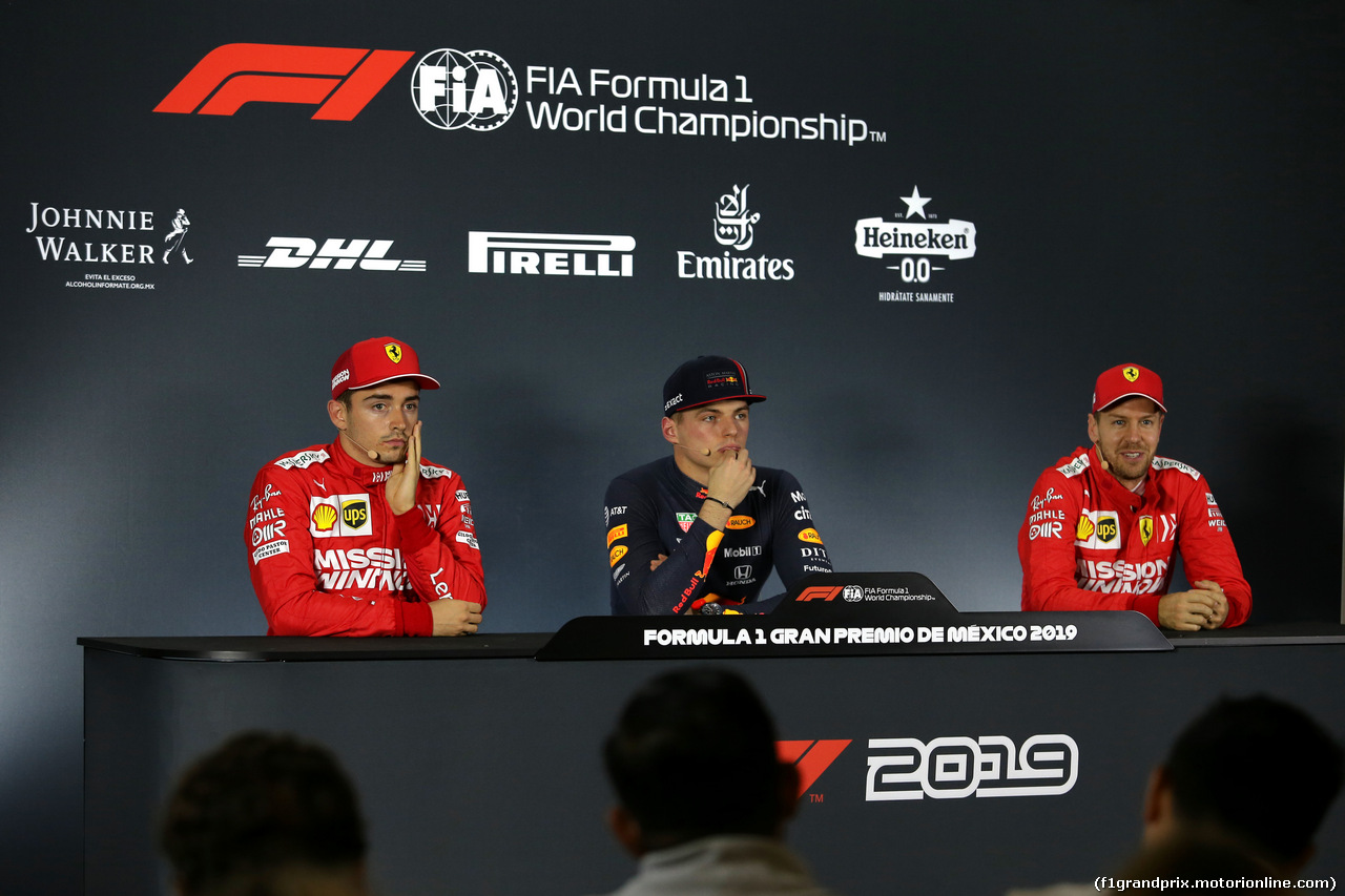 GP MESSICO, Qualifiche top three in the FIA Press Conference (L to R): Sebastian Vettel (GER) Ferrari, second; Max Verstappen (NLD) Red Bull Racing, pole position; Charles Leclerc (MON) Ferrari, third.
26.10.2019.
