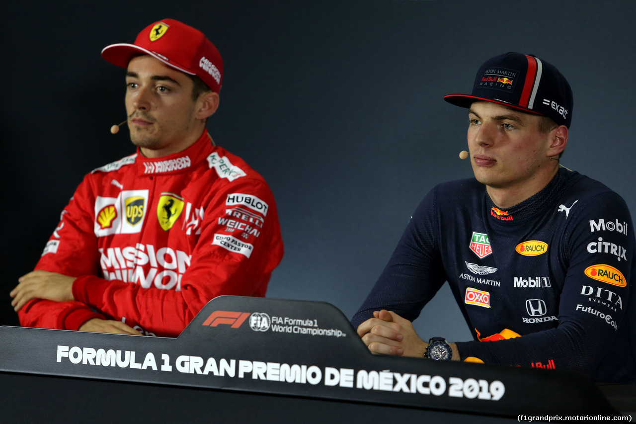 GP MESSICO, (L to R): Charles Leclerc (MON) Ferrari e Max Verstappen (NLD) Red Bull Racing in the post qualifying FIA Press Conference.
26.10.2019.