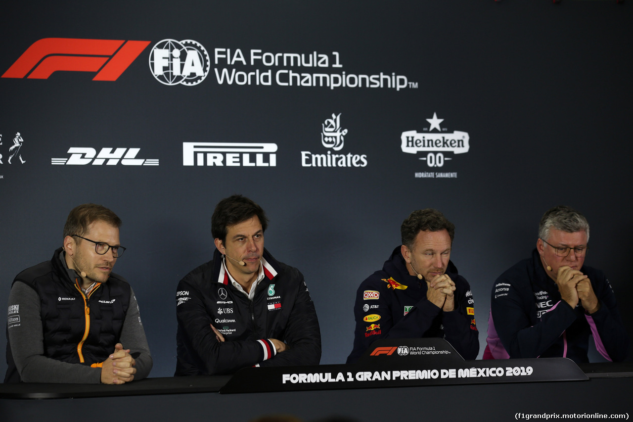 GP MESSICO, 25.10.2019 - Conferenza Stampa, Andreas Seidl, McLaren Team Principal, Toto Wolff (GER) Mercedes AMG F1 Shareholder e Executive Director, Christian Horner (GBR), Red Bull Racing Team Principal e Otmar Szafnauer (USA) Racing Point Force India F1 Team Principal e CEO.