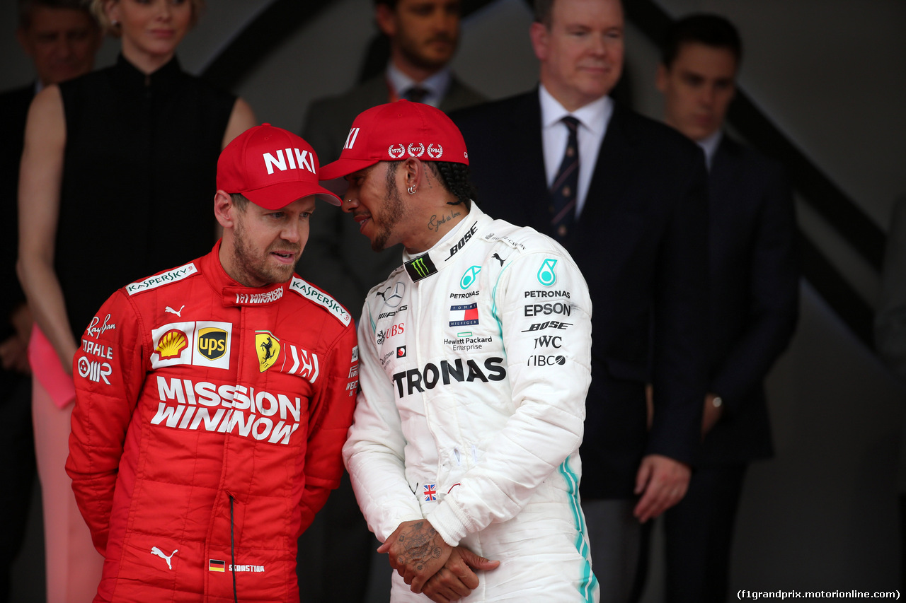 GP MONACO, 26.05.2019 - Gara, 2nd place Sebastian Vettel (GER) Ferrari SF90 e Lewis Hamilton (GBR) Mercedes AMG F1 W10 vincitore