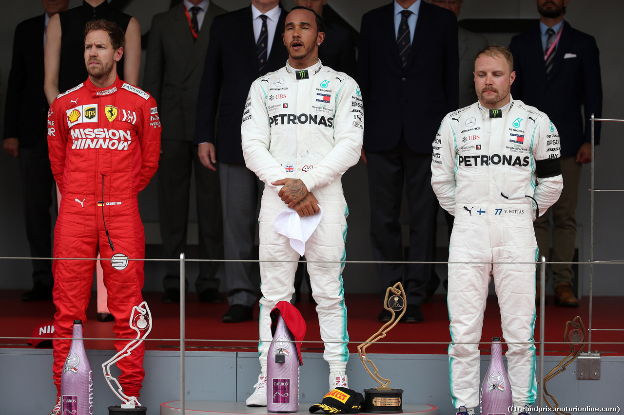 GP MONACO, 26.05.2019 - Gara, 2nd place Sebastian Vettel (GER) Ferrari SF90, Lewis Hamilton (GBR) Mercedes AMG F1 W10 vincitore e 3rd place  Valtteri Bottas (FIN) Mercedes AMG F1 W010