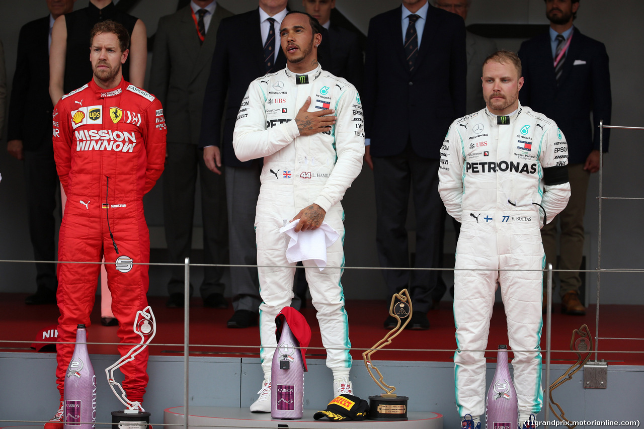 GP MONACO, 26.05.2019 - Gara, 2nd place Sebastian Vettel (GER) Ferrari SF90, Lewis Hamilton (GBR) Mercedes AMG F1 W10 vincitore e 3rd place  Valtteri Bottas (FIN) Mercedes AMG F1 W010