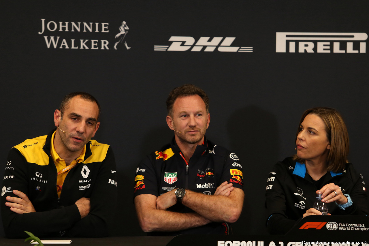 GP MONACO, 23.05.2019 - Conferenza Stampa, Cyril Abiteboul (FRA) Renault Sport F1 Managing Director, Christian Horner (GBR), Red Bull Racing Team Principal e Claire Williams (GBR) Williams Deputy Team Principal.