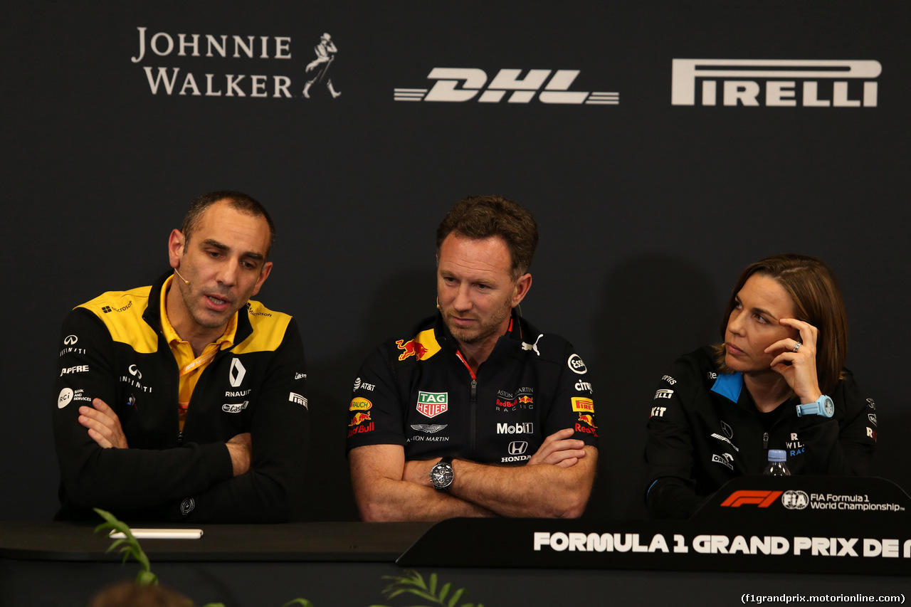 GP MONACO, 23.05.2019 - Conferenza Stampa, Cyril Abiteboul (FRA) Renault Sport F1 Managing Director, Christian Horner (GBR), Red Bull Racing Team Principal e Claire Williams (GBR) Williams Deputy Team Principal.