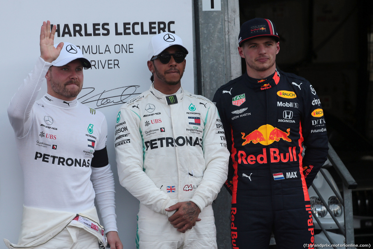 GP MONACO, 25.05.2019 - Qualifiche, 2nd place Valtteri Bottas (FIN) Mercedes AMG F1 W010, Lewis Hamilton (GBR) Mercedes AMG F1 W10 pole position e 3rd place Max Verstappen (NED) Red Bull Racing RB15