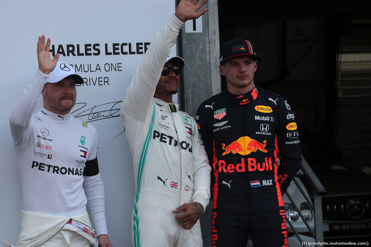 GP MONACO, 25.05.2019 - Qualifiche, 2nd place Valtteri Bottas (FIN) Mercedes AMG F1 W010, Lewis Hamilton (GBR) Mercedes AMG F1 W10 pole position e 3rd place Max Verstappen (NED) Red Bull Racing RB15