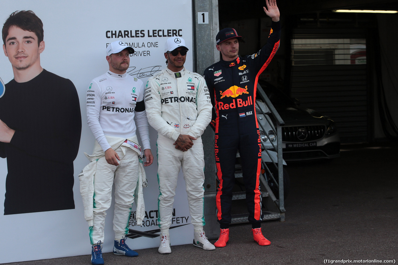 GP MONACO, 25.05.2019 - Qualifiche, 2nd place Valtteri Bottas (FIN) Mercedes AMG F1 W010, Lewis Hamilton (GBR) Mercedes AMG F1 W10 pole position e 3rd place Max Verstappen (NED) Red Bull Racing RB15