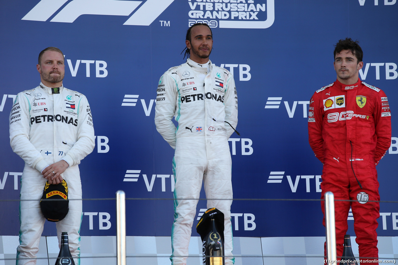 GP RUSSIA, 29.09.2019- Podium, winner Lewis Hamilton (GBR) Mercedes AMG F1 W10 EQ Power, 2nd place Valtteri Bottas (FIN) Mercedes AMG F1 W10 EQ Power, 3rd place Charles Leclerc (MON) Ferrari SF90
