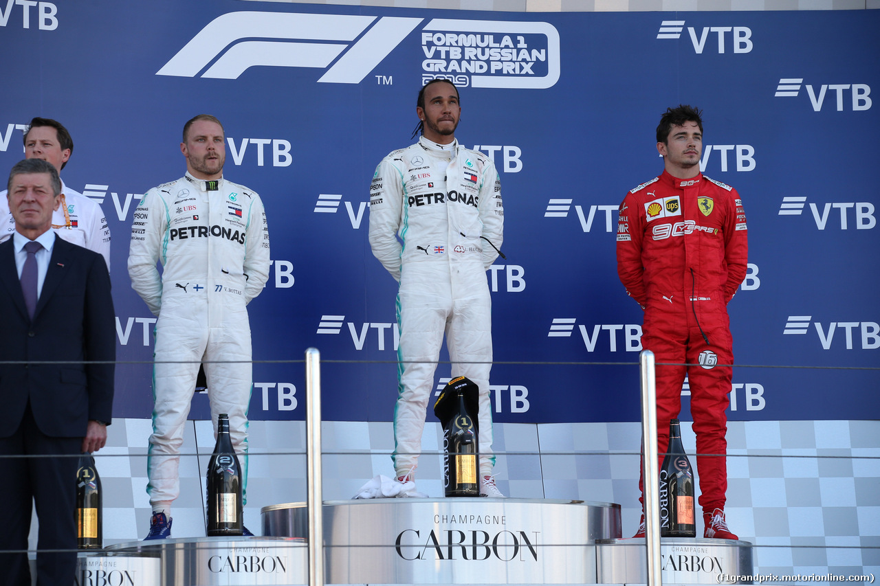 GP RUSSIA, 29.09.2019- Podium, winner Lewis Hamilton (GBR) Mercedes AMG F1 W10 EQ Power, 2nd place Valtteri Bottas (FIN) Mercedes AMG F1 W10 EQ Power, 3rd place Charles Leclerc (MON) Ferrari SF90