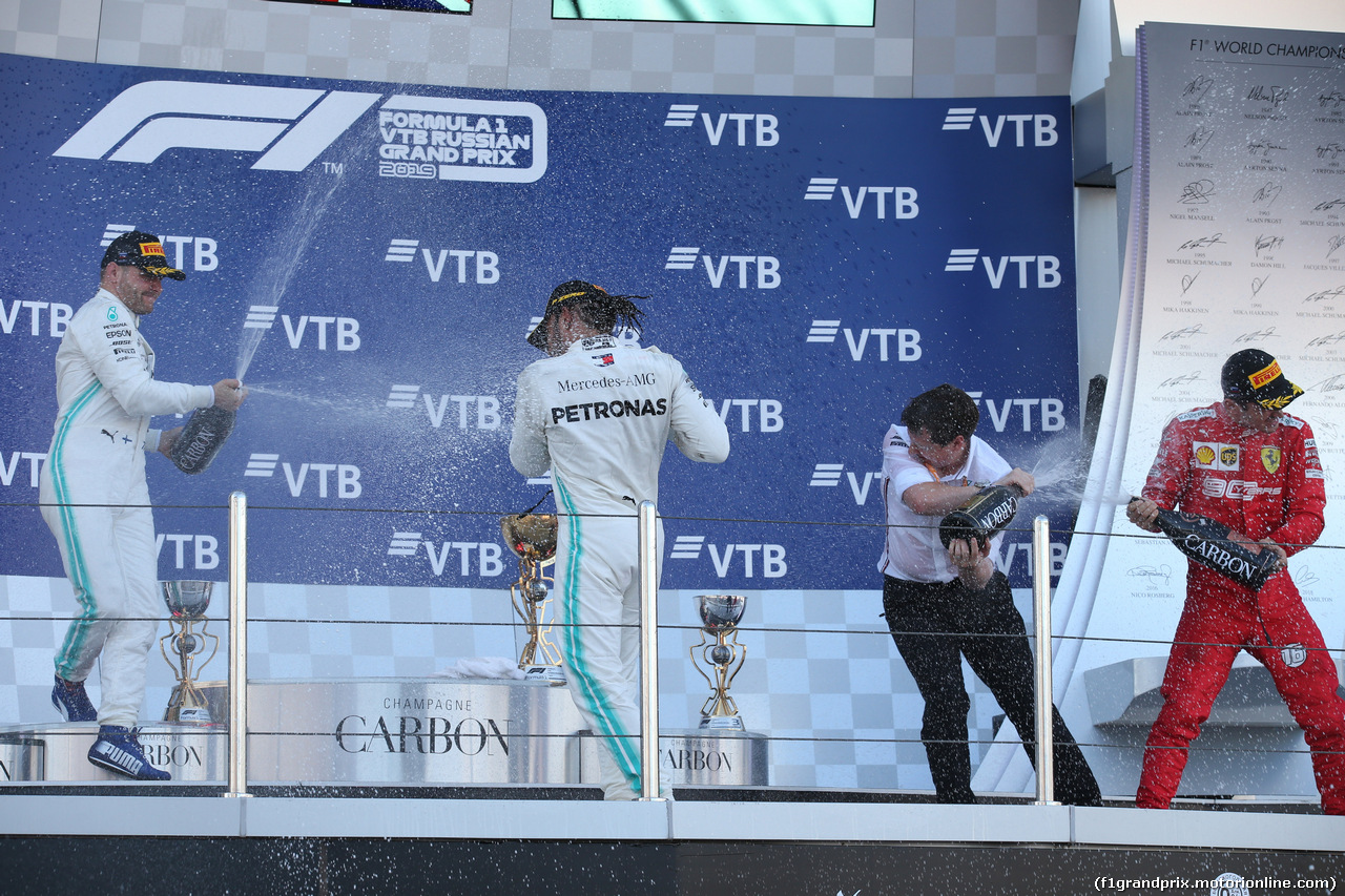 GP RUSSIA, 29.09.2019- Podium, winner Lewis Hamilton (GBR) Mercedes AMG F1 W10 EQ Power, 2nd place Valtteri Bottas (FIN) Mercedes AMG F1 W10 EQ Power, 3rd place Charles Leclerc (MON) Ferrari SF90