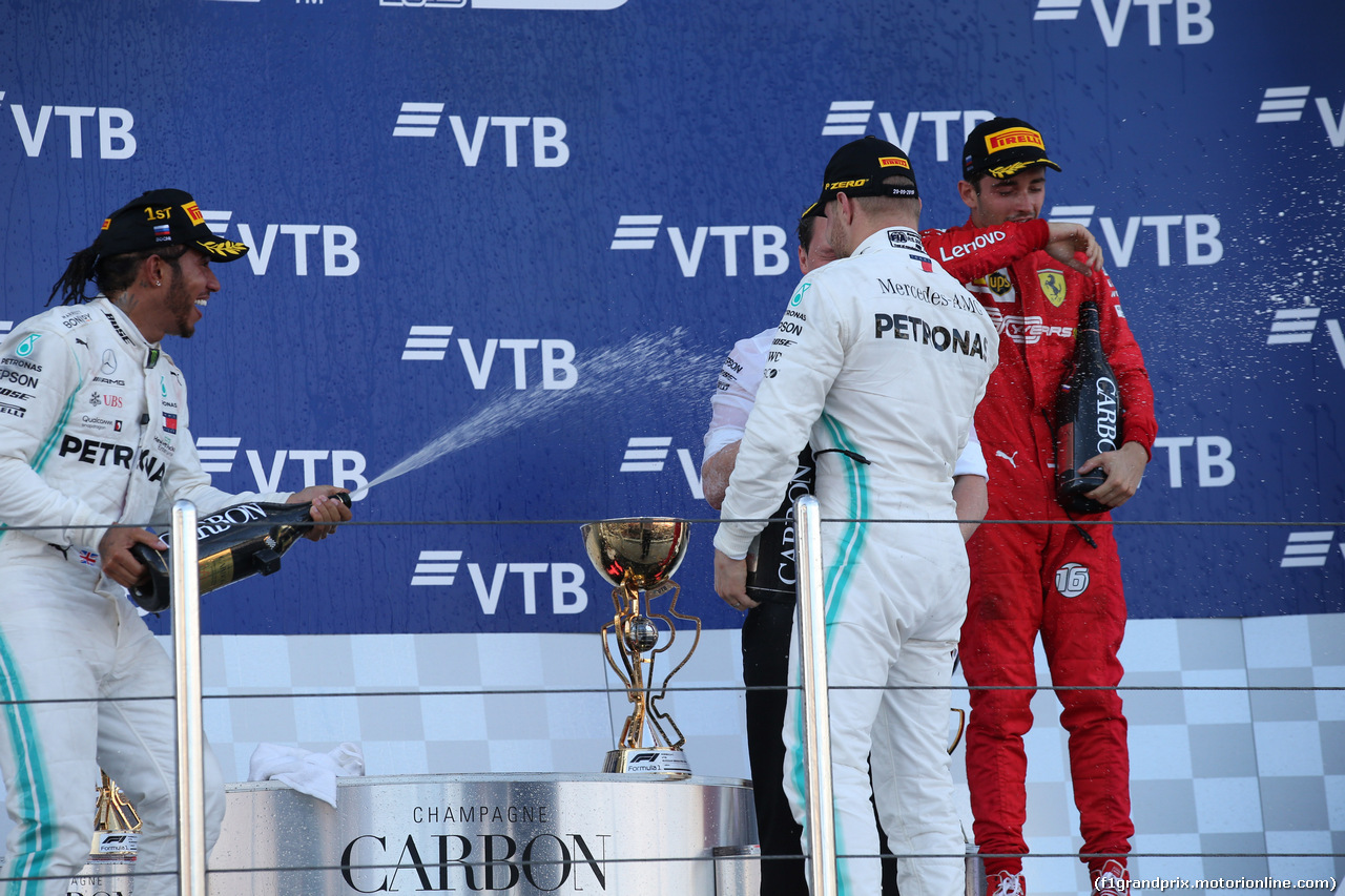 GP RUSSIA, 29.09.2019- Podium, winner Lewis Hamilton (GBR) Mercedes AMG F1 W10 EQ Power, 2nd place Valtteri Bottas (FIN) Mercedes AMG F1 W10 EQ Power, 3rd place Charles Leclerc (MON) Ferrari SF90