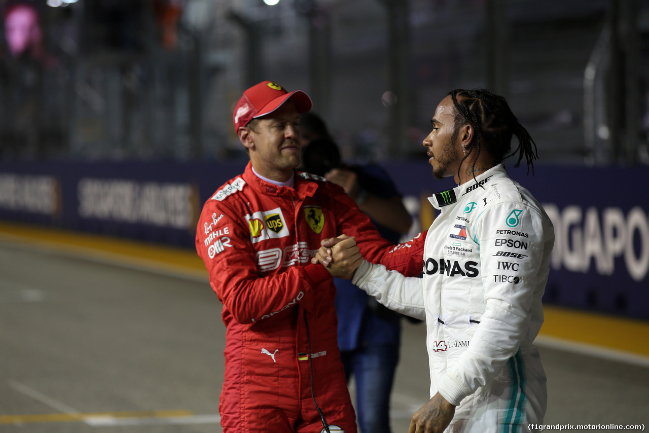 GP SINGAPORE, 21.09.2019 - Qualifiche, 3rd place Sebastian Vettel (GER) Ferrari SF90 e 2nd place Lewis Hamilton (GBR) Mercedes AMG F1 W10