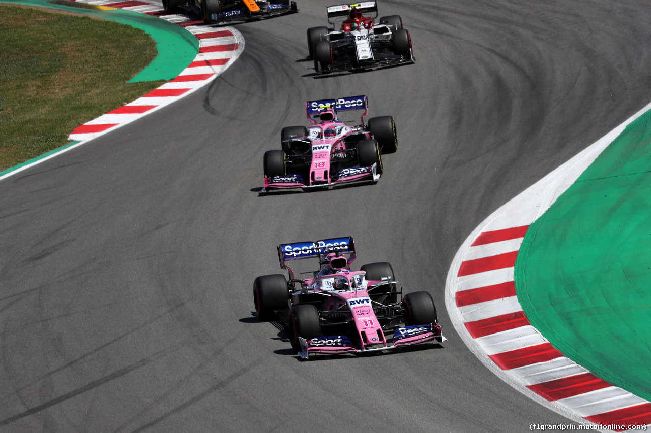 GP SPAGNA, 12.05.2019 - Gara, Sergio Perez (MEX) Racing Point F1 Team RP19 davanti a Lance Stroll (CDN) Racing Point F1 Team RP19