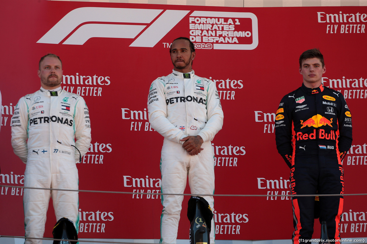 GP SPAGNA, 12.05.2019 - Gara, 2nd place Valtteri Bottas (FIN) Mercedes AMG F1 W010, Lewis Hamilton (GBR) Mercedes AMG F1 W10 vincitore e 3rd place Max Verstappen (NED) Red Bull Racing RB15