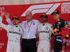 GP SPAGNA, 12.05.2019 - Gara, 2nd place Valtteri Bottas (FIN) Mercedes AMG F1 W010, Dr. Dieter Zetsche, Chairman of Daimler, Lewis Hamilton (GBR) Mercedes AMG F1 W10 vincitore e 3rd place Max Verstappen (NED) Red Bull Racing RB15