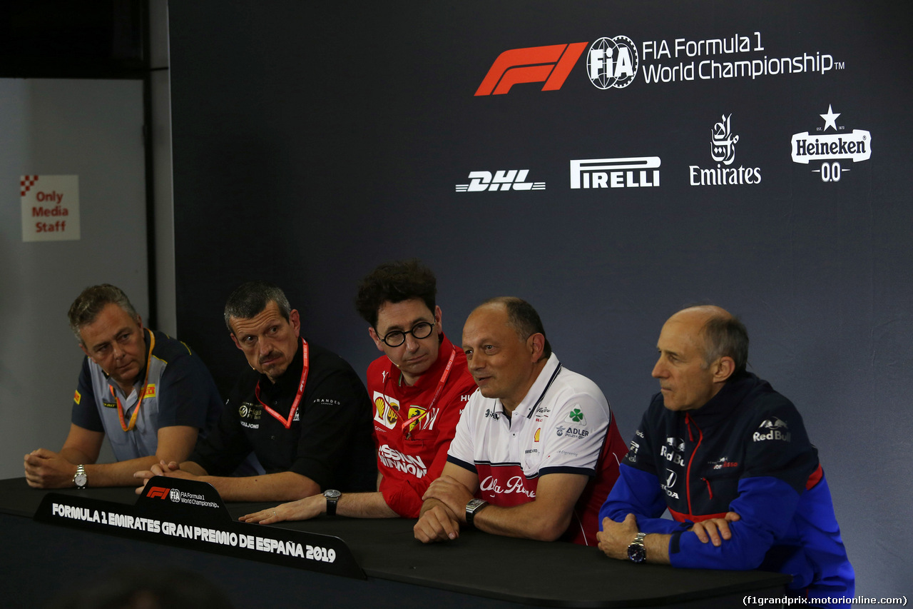 GP SPAGNA, 10.05.2019 - Conferenza Stampa, (L-R) Mario Isola (ITA), Pirelli Racing Manager, Guenther Steiner (ITA) Haas F1 Team Prinicipal, Mattia Binotto (ITA) Ferrari Team Principal, Frederic Vasseur (FRA) Alfa Romeo Racing, Team Principal e Franz Tost, Scuderia Toro Rosso, Team Principal