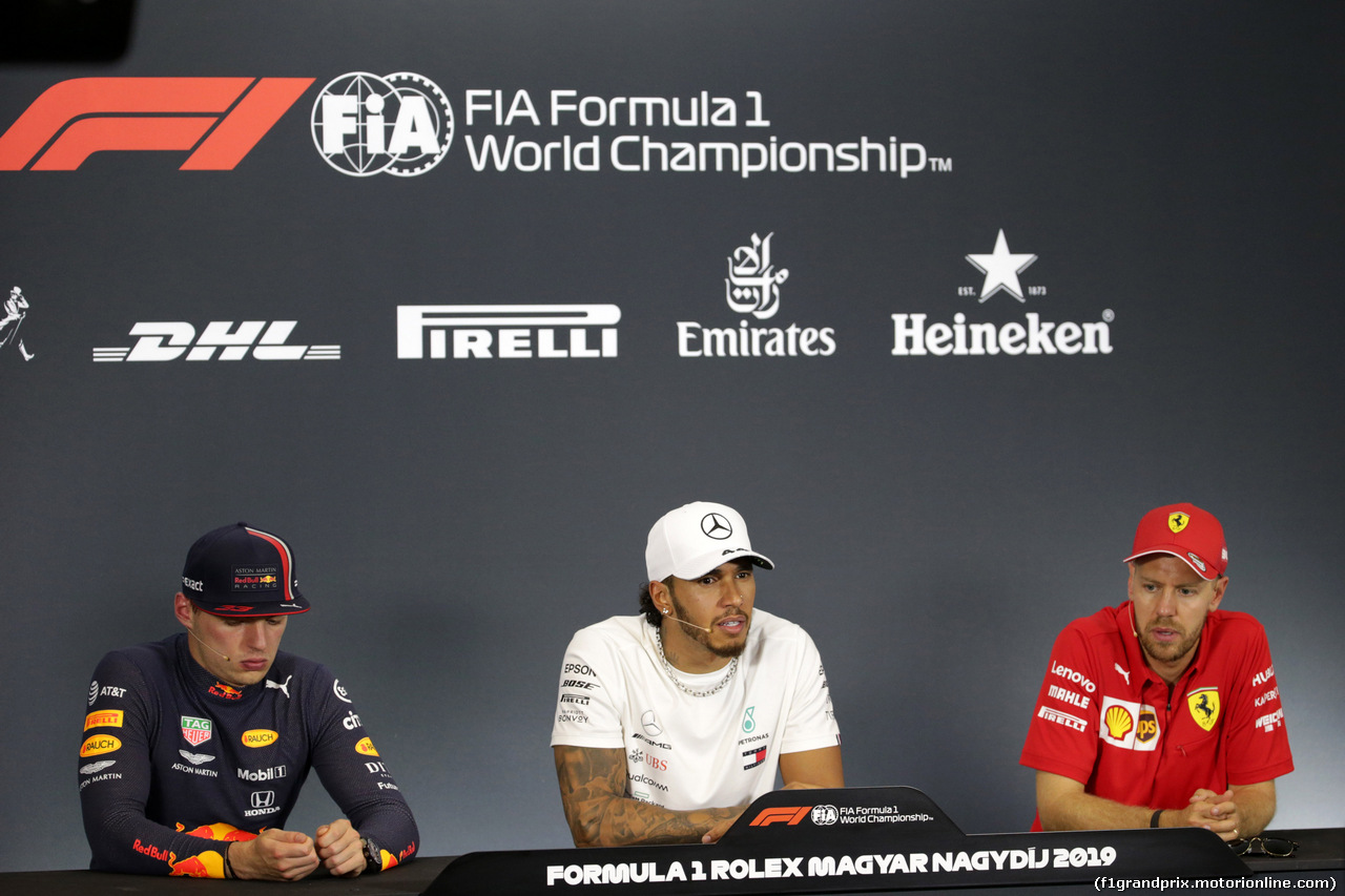 GP UNGHERIA, 04.08.2019 - Gara, Conferenza Stampa, Max Verstappen (NED) Red Bull Racing RB15, Lewis Hamilton (GBR) Mercedes AMG F1 W10 e Sebastian Vettel (GER) Ferrari SF90