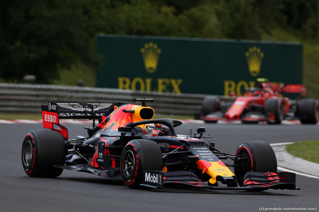 GP UNGHERIA, 03.08.2019 - Prove Libere 3, Max Verstappen (NED) Red Bull Racing RB15 e Charles Leclerc (MON) Ferrari SF90
