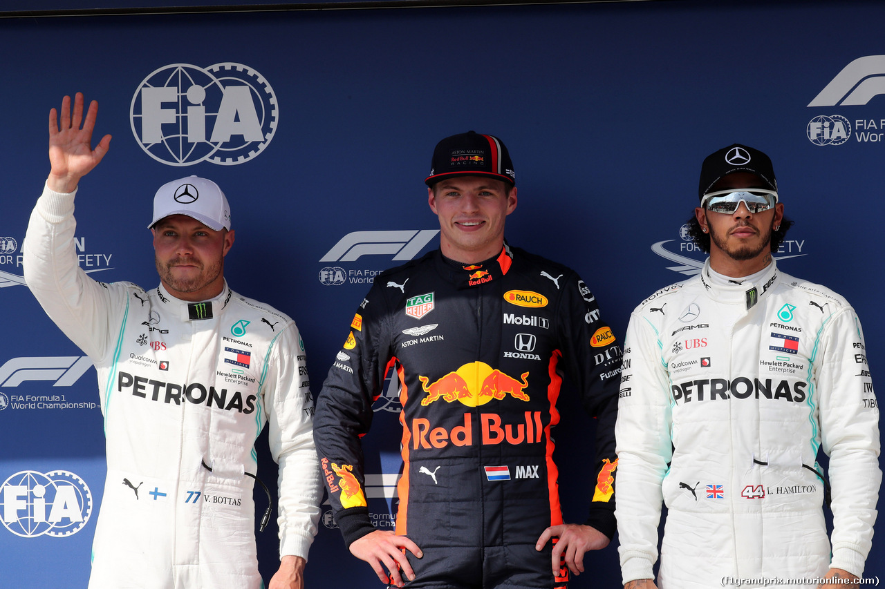 GP UNGHERIA, 03.08.2019 - Qualifiche, 2nd place Valtteri Bottas (FIN) Mercedes AMG F1 W010, Max Verstappen (NED) Red Bull Racing RB15 pole position e 3rd place Lewis Hamilton (GBR) Mercedes AMG F1 W10