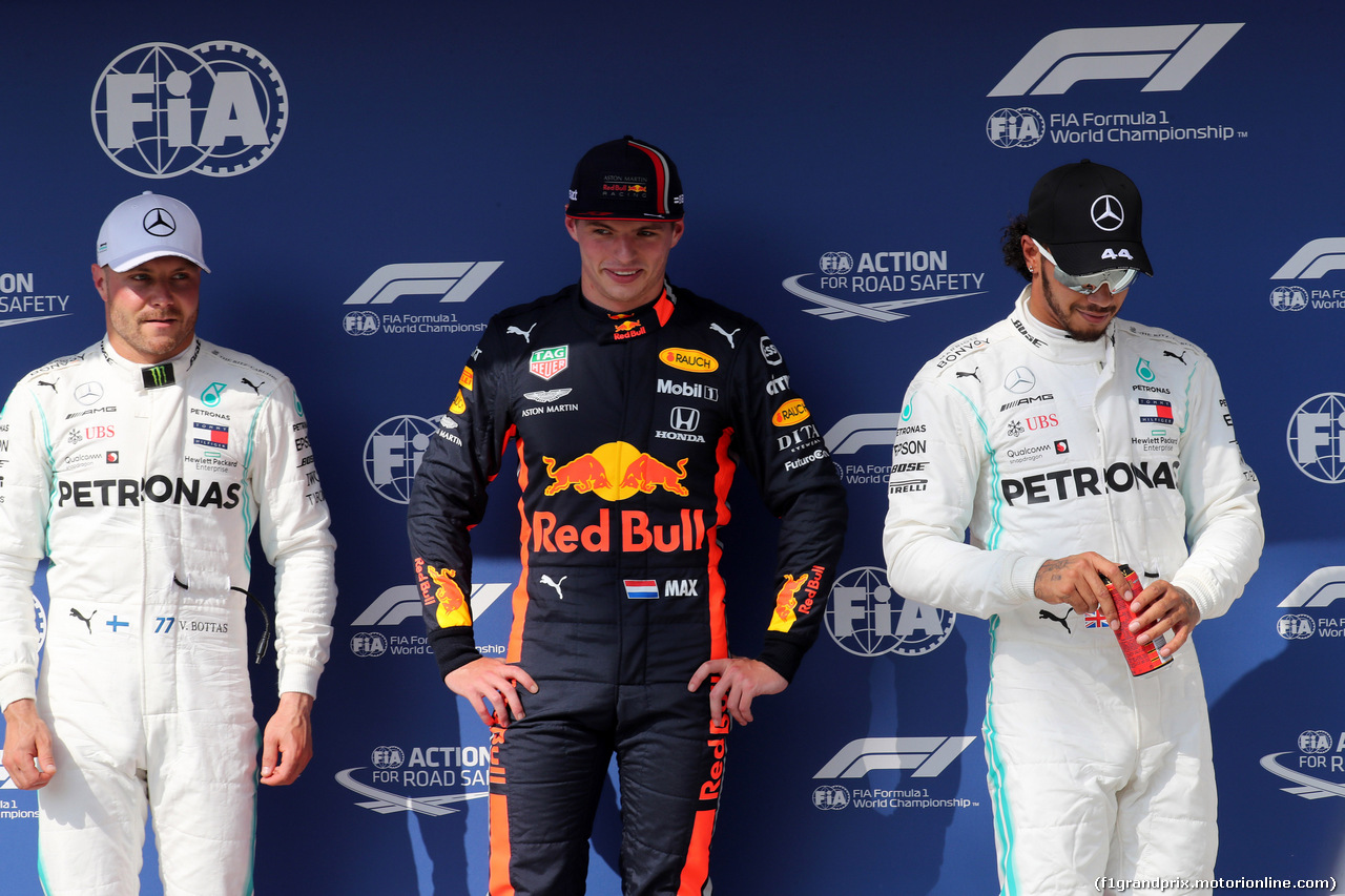 GP UNGHERIA, 03.08.2019 - Qualifiche, 2nd place Valtteri Bottas (FIN) Mercedes AMG F1 W010, Max Verstappen (NED) Red Bull Racing RB15 pole position e 3rd place Lewis Hamilton (GBR) Mercedes AMG F1 W10