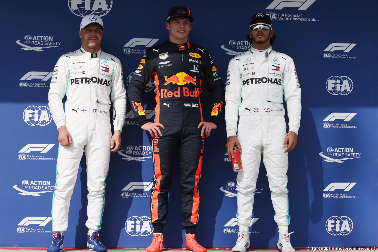 GP UNGHERIA, 03.08.2019 - Qualifiche, 2nd place Valtteri Bottas (FIN) Mercedes AMG F1 W010, Max Verstappen (NED) Red Bull Racing RB15 pole position e 3rd place Lewis Hamilton (GBR) Mercedes AMG F1 W10