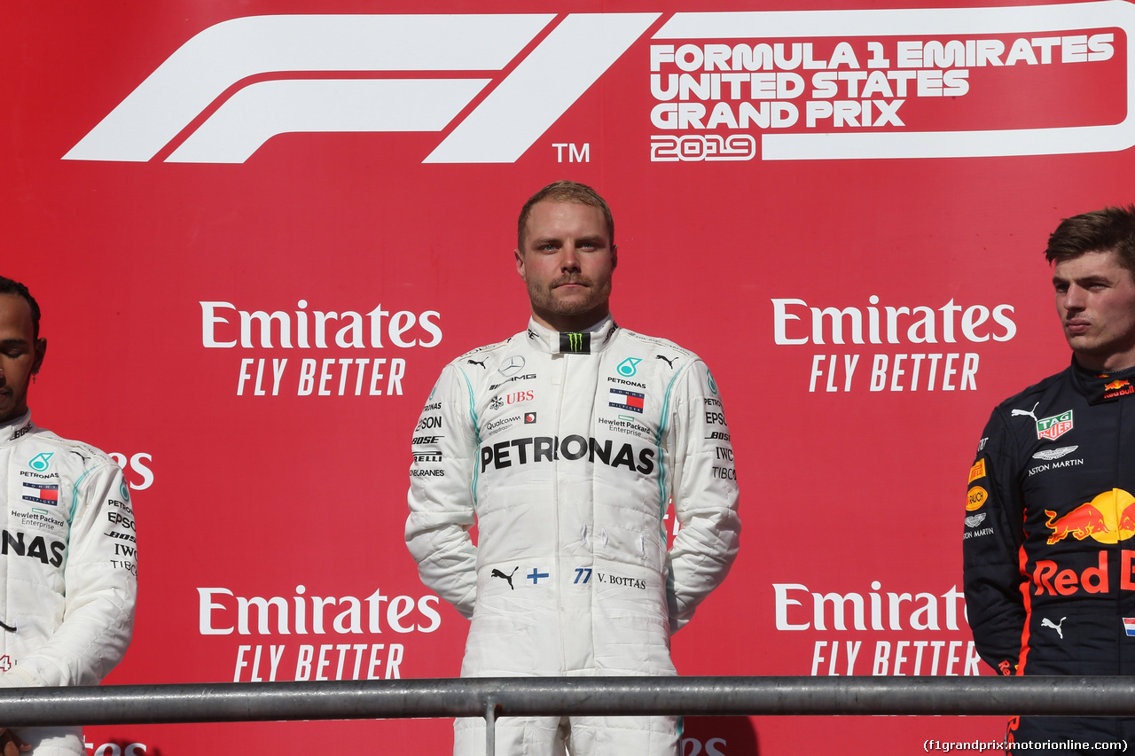 GP USA, 31.10.2019- Podium, winner Valtteri Bottas (FIN) Mercedes AMG F1 W10 EQ Power, 2nd Lewis Hamilton (GBR) Mercedes AMG F1 W10 EQ 2019 World Champion, 3rd place Max Verstappen (NED) Red Bull Racing RB15