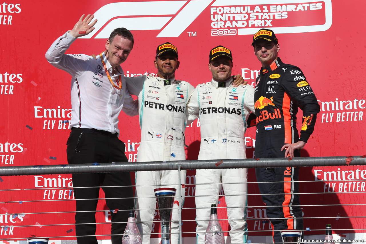 GP USA, 31.10.2019- Podium, winner Valtteri Bottas (FIN) Mercedes AMG F1 W10 EQ Power, 2nd Lewis Hamilton (GBR) Mercedes AMG F1 W10 EQ 2019 World Champion, 3rd place Max Verstappen (NED) Red Bull Racing RB15