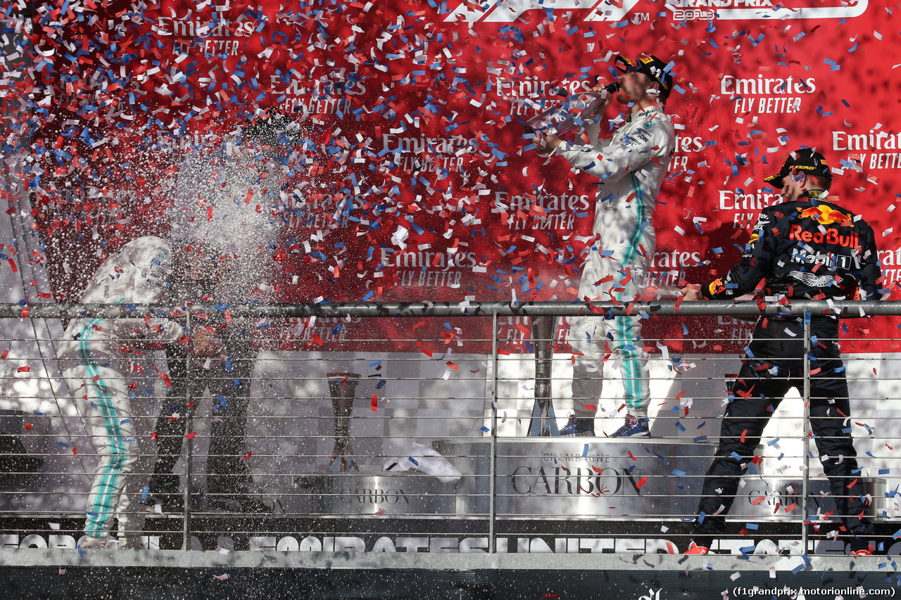 GP USA, 03.11.2019- podium, winner Valtteri Bottas (FIN) Mercedes AMG F1 W10 EQ Power, 2nd Lewis Hamilton (GBR) Mercedes AMG F1 W10 EQ 2019 World Champion, 3rd place Max Verstappen (NED) Red Bull Racing RB15